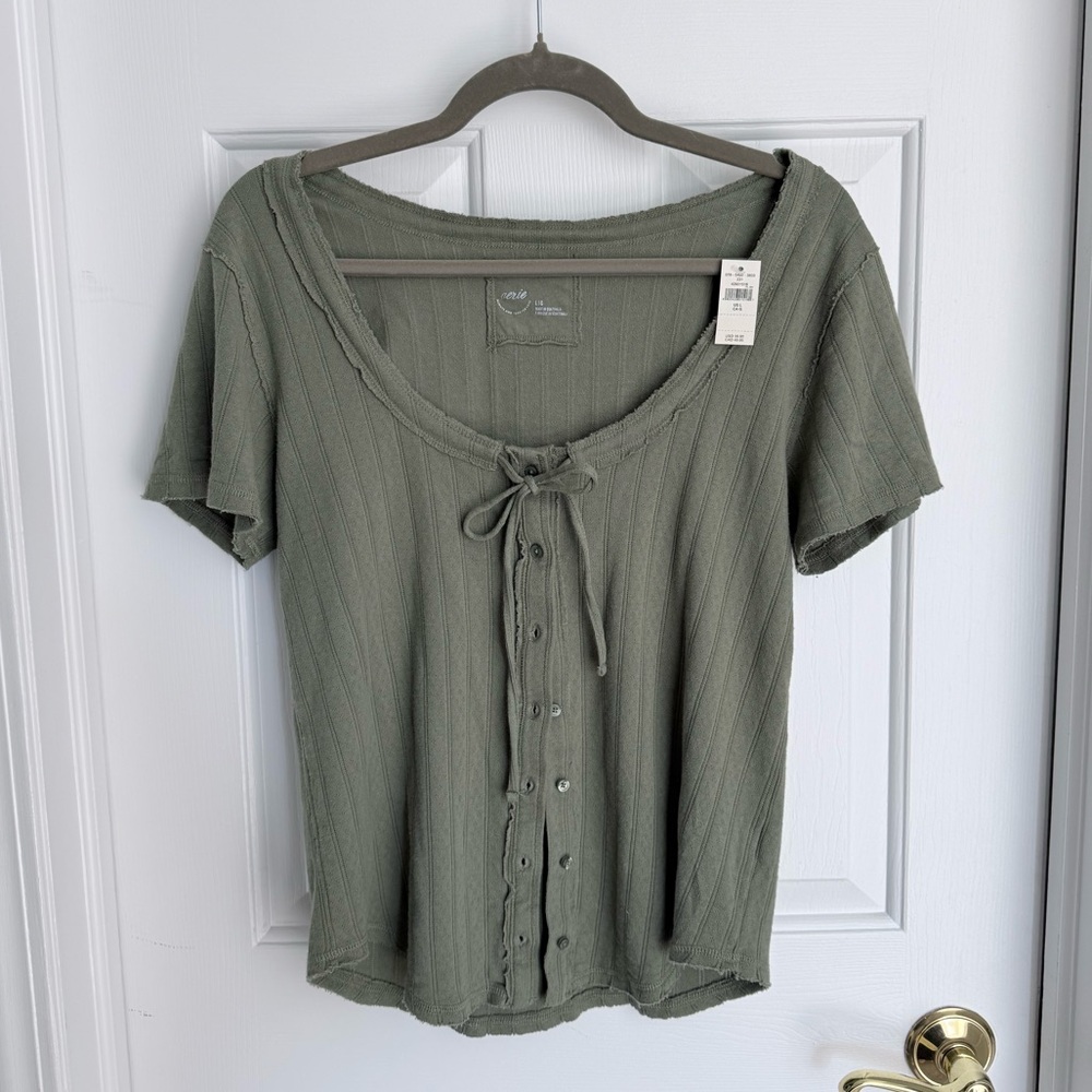 NWT Olive Sage Green Aerie Bow Top with Pearly Buttons
